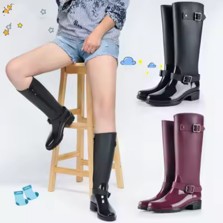 Regenstiefel für den Herbst - Wasserdichte hohe Gummistiefel mit Schnallen und Absatz für Damen