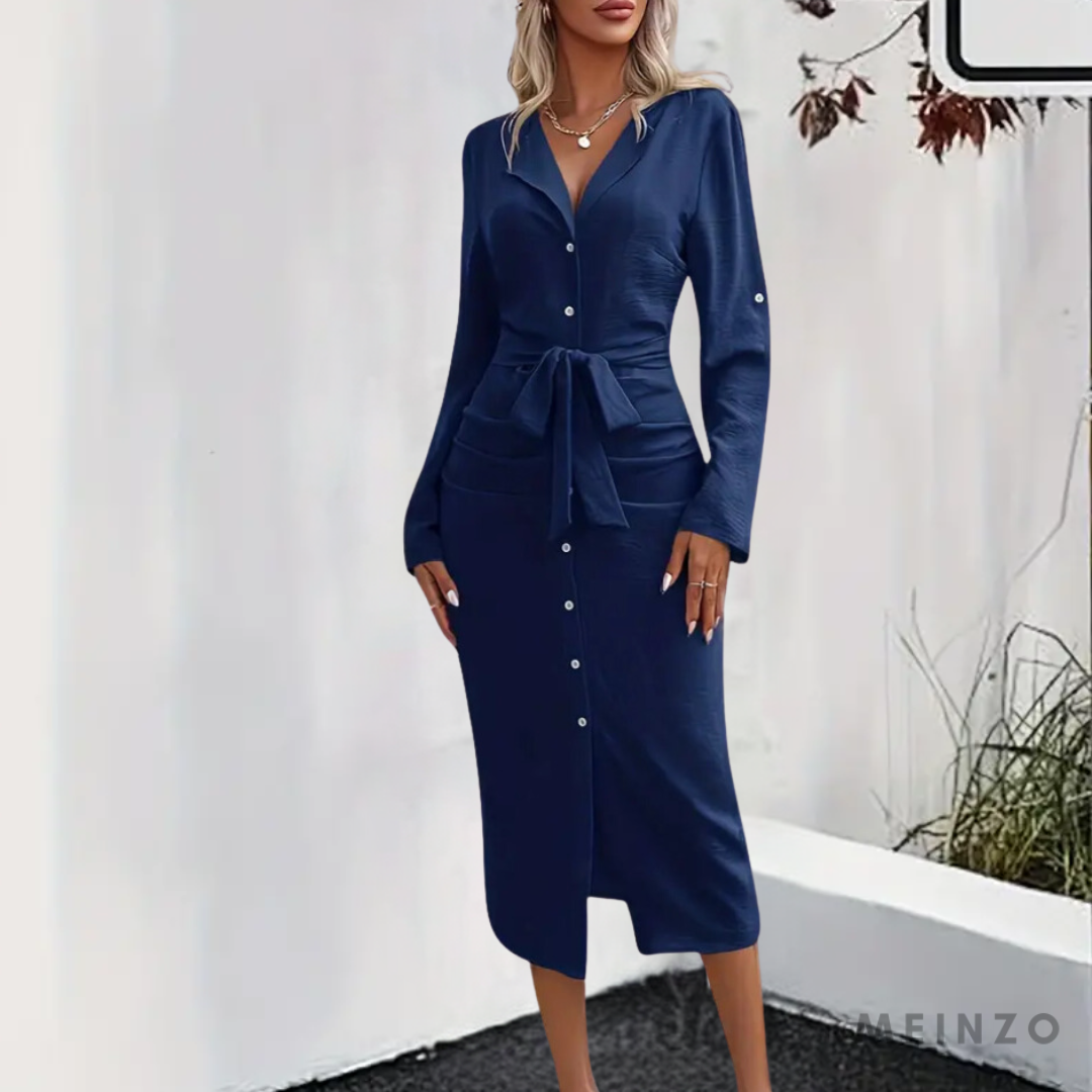 Elegantes dunkelblaues Damenkleid mit Knopfleiste und Taillengürtel, langärmlig, knielang, ideal für Büro oder Abendveranstaltungen.