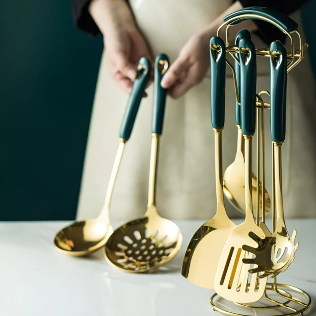 Golden Edelstahl Küchenutensilien-Set | Premium Kochbesteck mit Aufbewahrungsständer