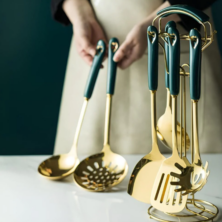 Golden Edelstahl Küchenutensilien-Set | Premium Kochbesteck mit Aufbewahrungsständer