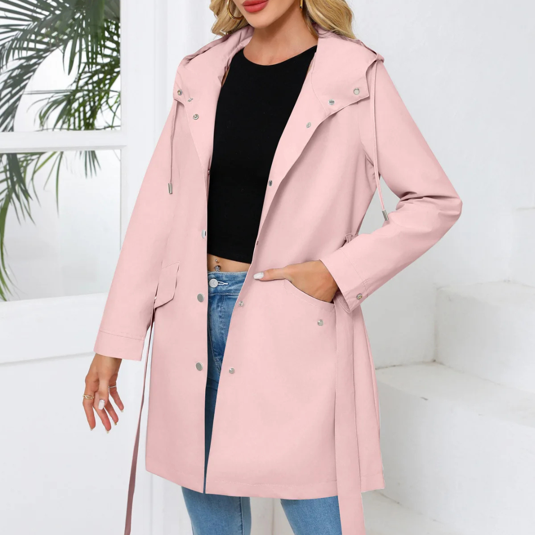 Regenjacke für den Herbst - Wasserfeste Lange Übergangsjacke mit Gürtel und Kapuze für Damen