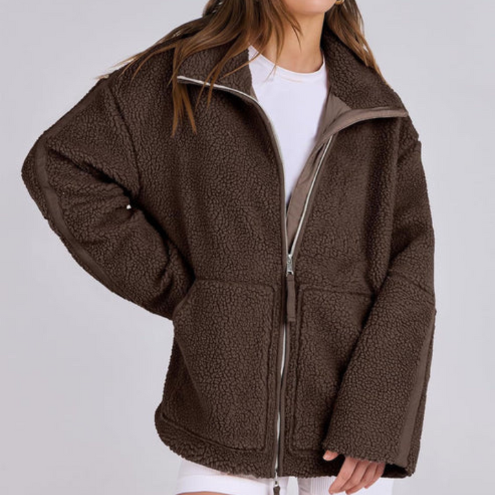Teddyjacke für den Herbst - Oversized Fleecejacke mit Stehkrage für Damen