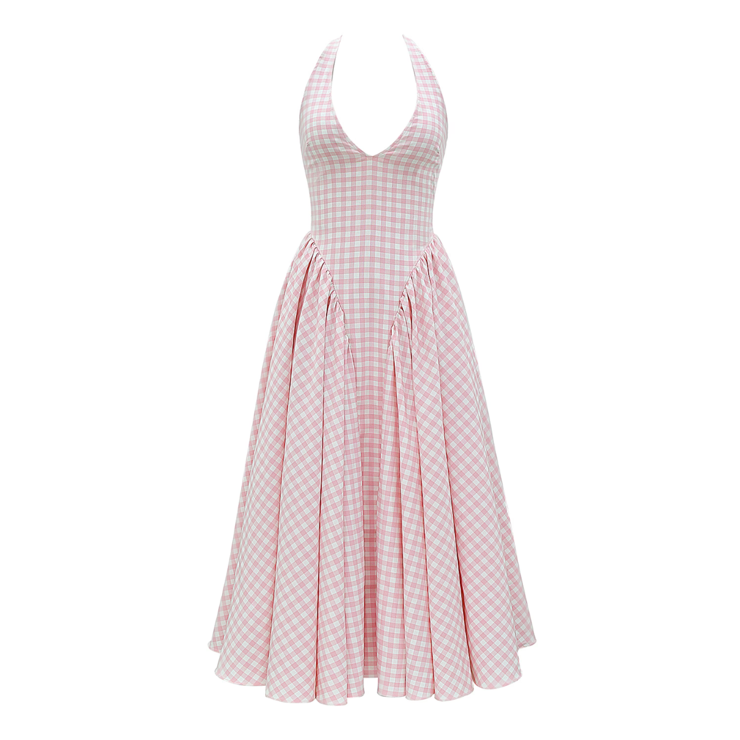 Rosa-weiß kariertes Sommerkleid mit tiefem Ausschnitt und weitem Rock, ärmellos, ideal für Damenmode, Vintage-Stil, Freizeitkleidung.