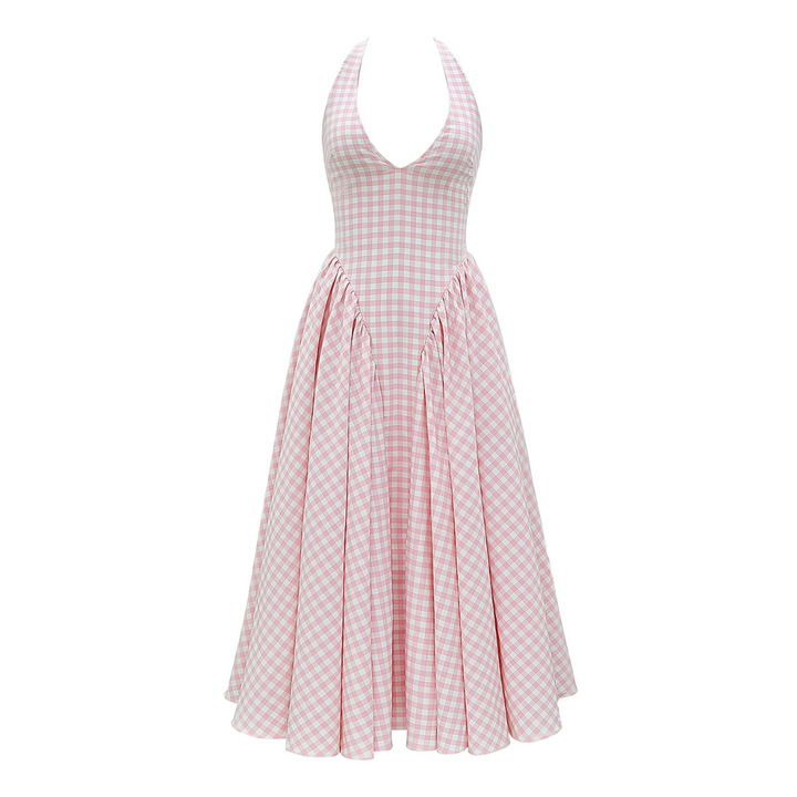 Rosa-weiß kariertes Sommerkleid mit tiefem Ausschnitt und weitem Rock, ärmellos, ideal für Damenmode, Vintage-Stil, Freizeitkleidung.