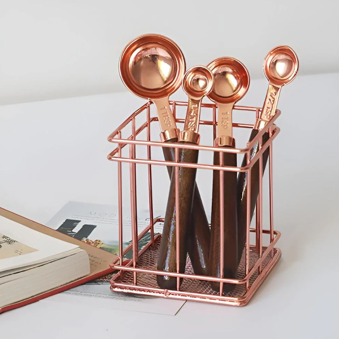 Kupfer-Messbecher-Set | Hochwertiges Edelstahl-Küchenbesteck mit Walnussholz-Griffen