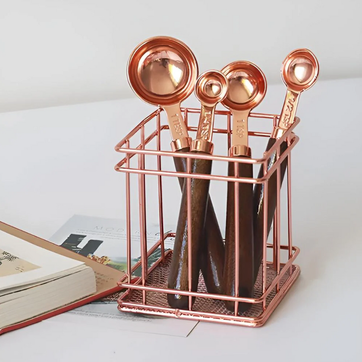 Kupfer-Messbecher-Set | Hochwertiges Edelstahl-Küchenbesteck mit Walnussholz-Griffen