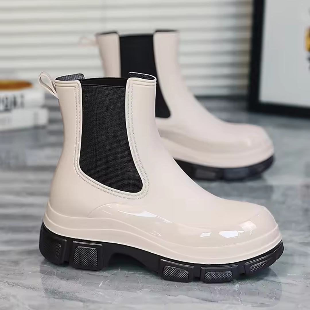 Regenstiefel für den Herbst - Wasserdichte Chelsea Gummistiefel mit Chunky Platform-Sohle für Damen