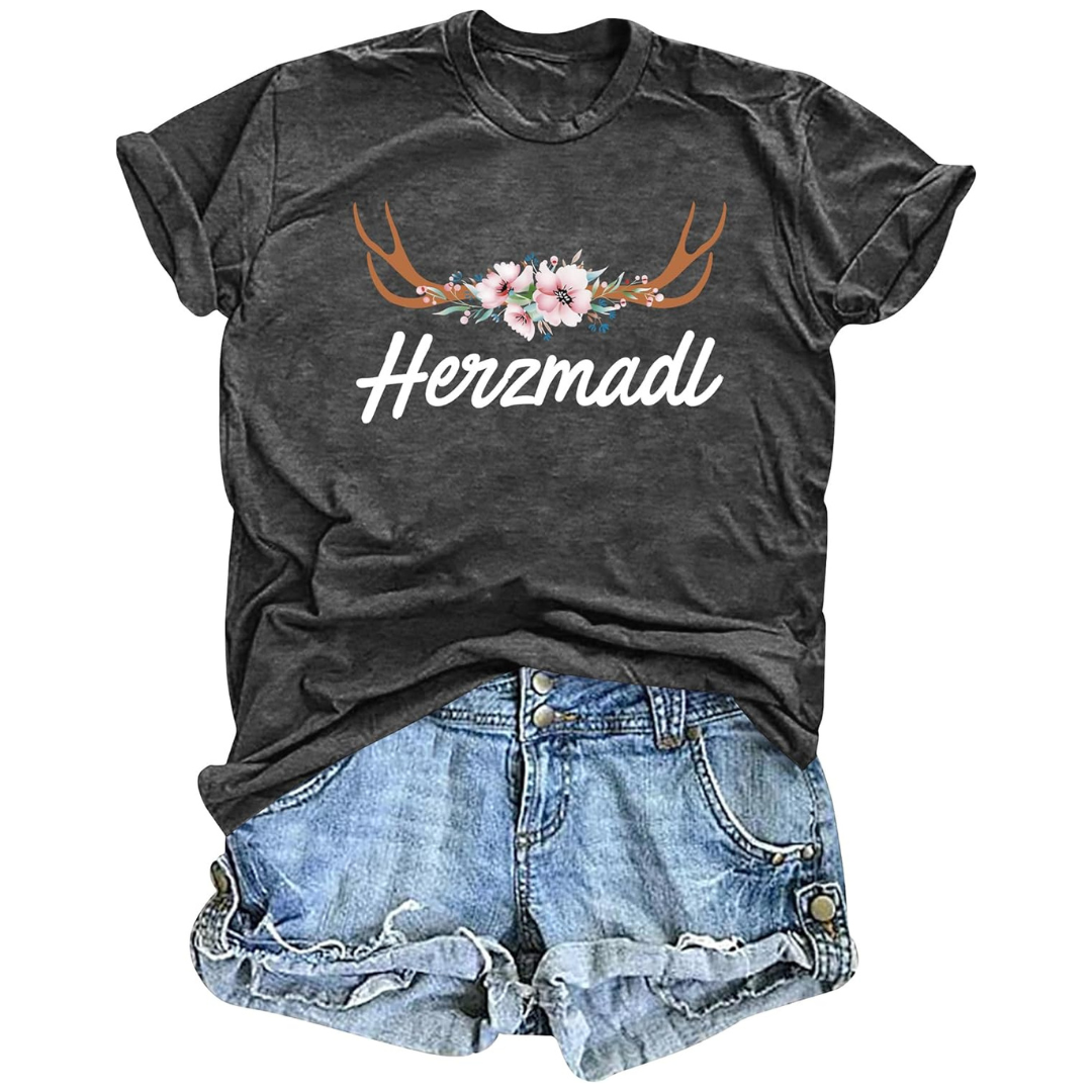 Katharina Oktoberfest T-Shirt | Romantisches Hirsch-Blumen T-Shirt aus Baumwollmischung für Damen