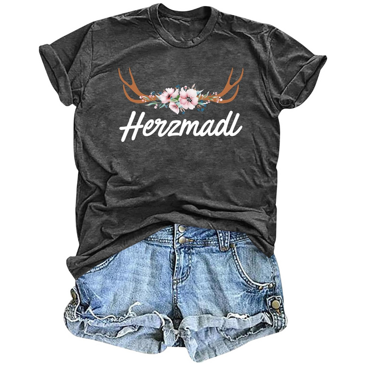 Katharina Oktoberfest T-Shirt | Romantisches Hirsch-Blumen T-Shirt aus Baumwollmischung für Damen