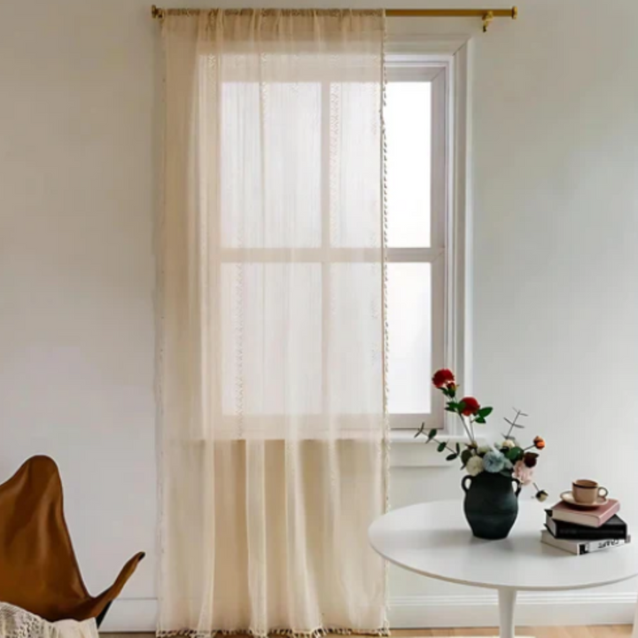 Böhmischer Häkelvorhang | Vintage-Fenstervorhang mit Quasten und geometrischem Muster