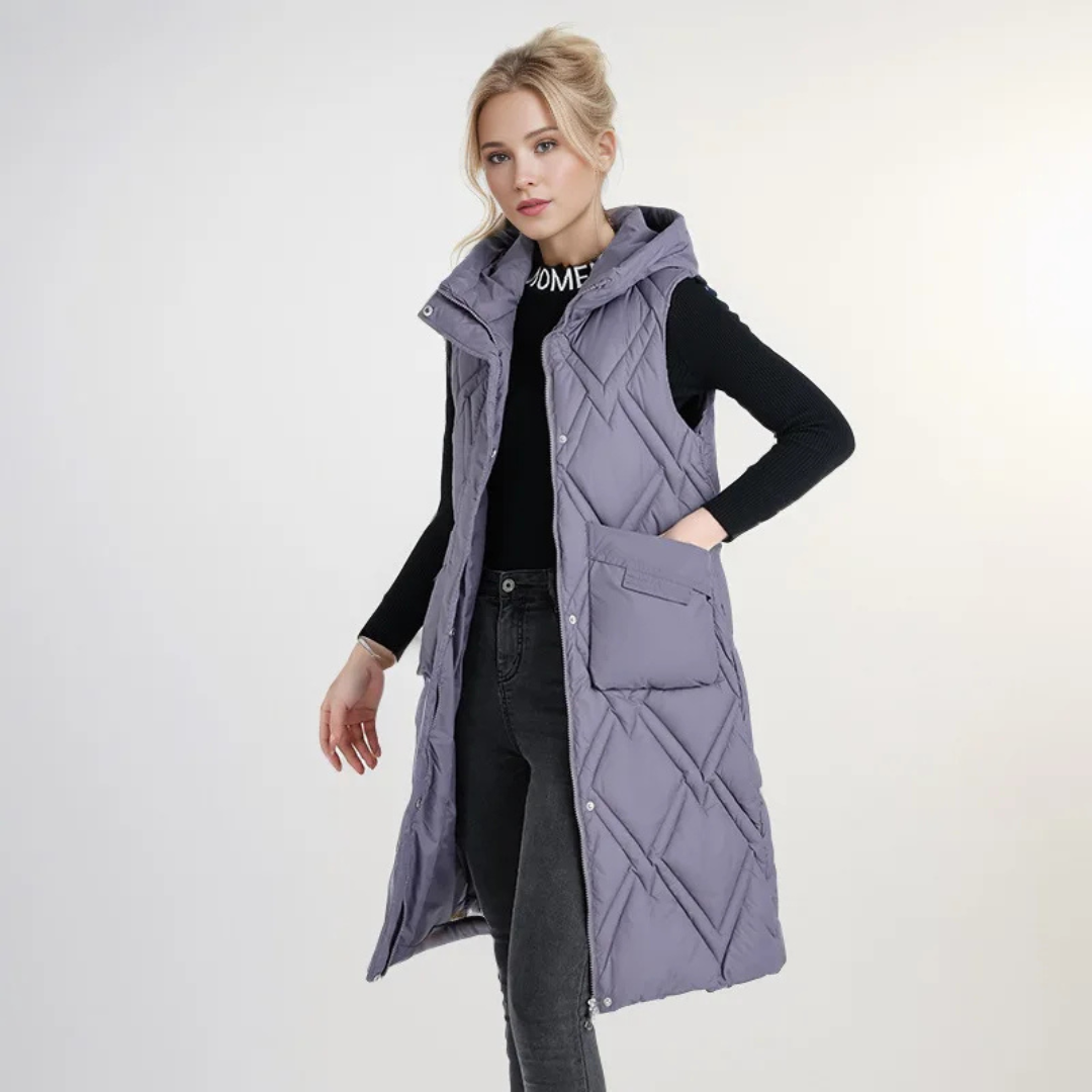 Lange Steppweste für kalte Tage - Puffer Daunenweste mit Kapuze für Damen