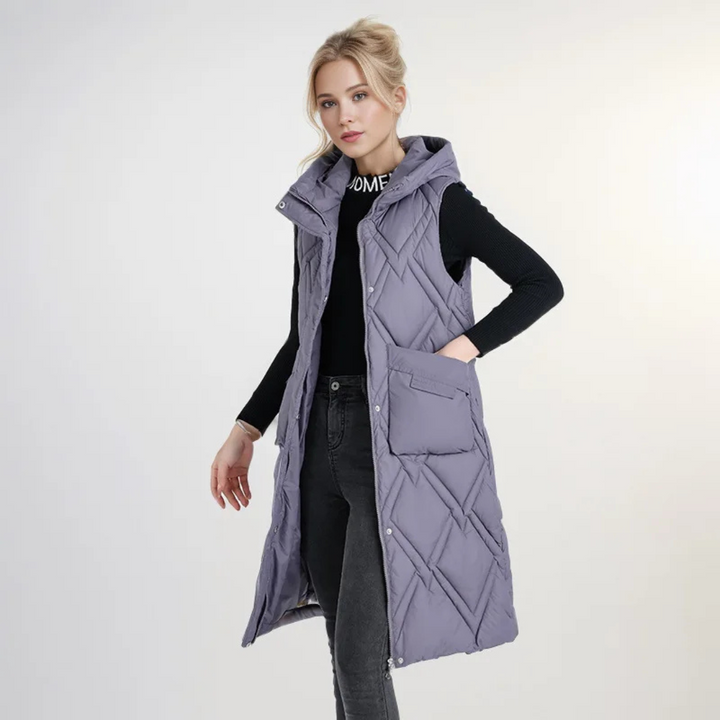 Lange Steppweste für kalte Tage - Puffer Daunenweste mit Kapuze für Damen