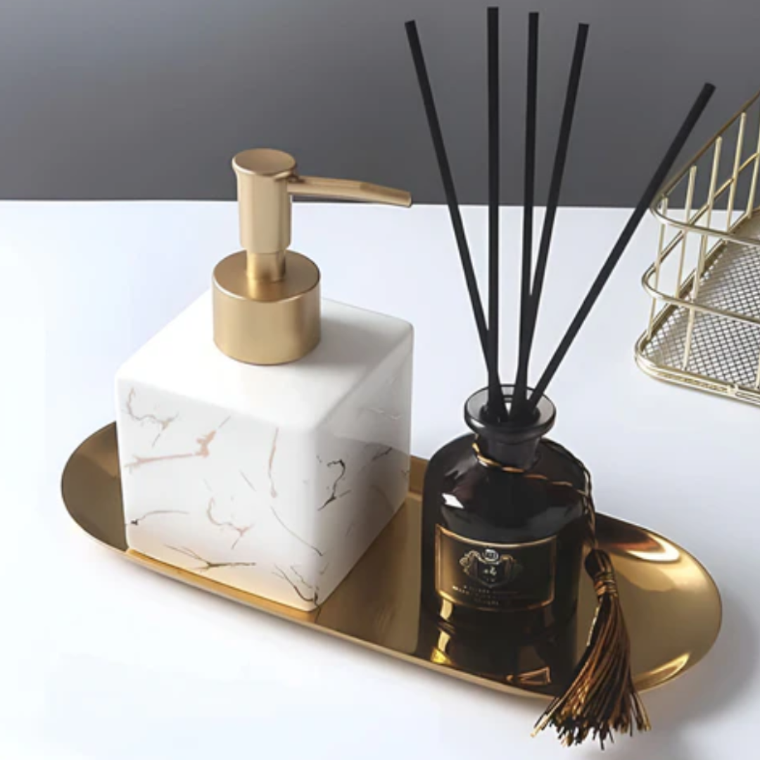 Luxus Marmor-Seifenspender | Eleganter Keramikspender mit Goldpumpe für Bad und Küche