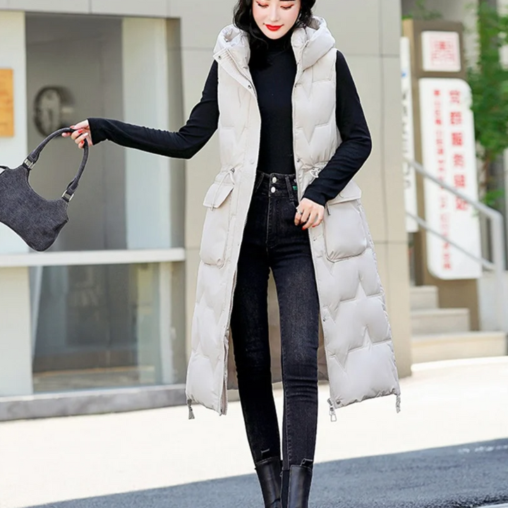 Lange Steppweste für kalte Tage - Stilvolle Daunenweste mit Kapuze für Damen