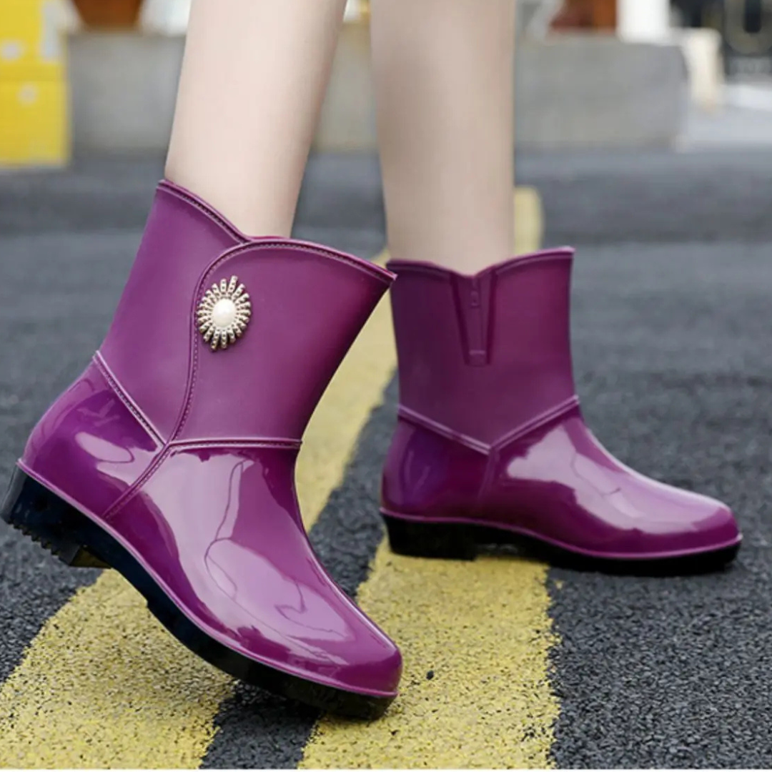 Regenstiefel für den Herbst - Wasserdichte Gummistiefel mit Blumen-Dekor und Profilsohle für Damen