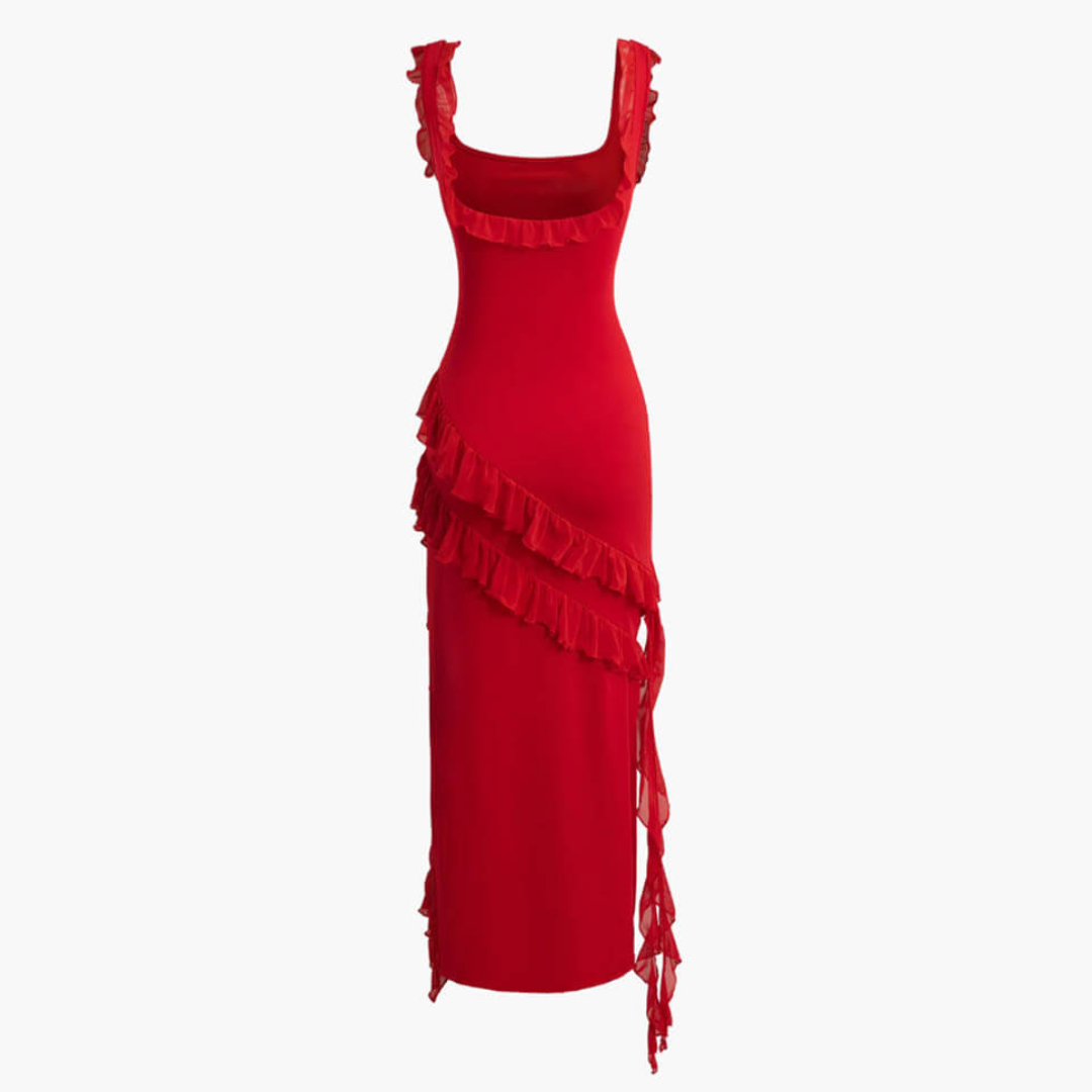Rotes Abendkleid mit Rüschen, ärmellos, bodenlang, elegantes Design. Perfekt für formelle Anlässe. Damenmode, stilvoll, festlich.