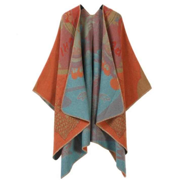 Runenstein Reversible Poncho aus weichem Kaschmirimitat mit Fischmotiven