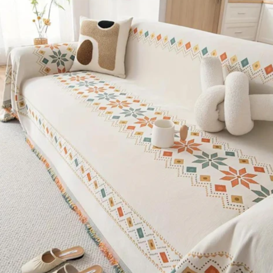 Boho-Sofabezug | Stilvolle Universal-Husse mit Antirutsch-Funktion und Quasten-Design