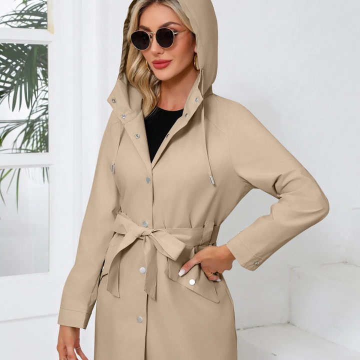 Regenjacke für den Herbst - Wasserfeste Lange Übergangsjacke mit Gürtel und Kapuze für Damen