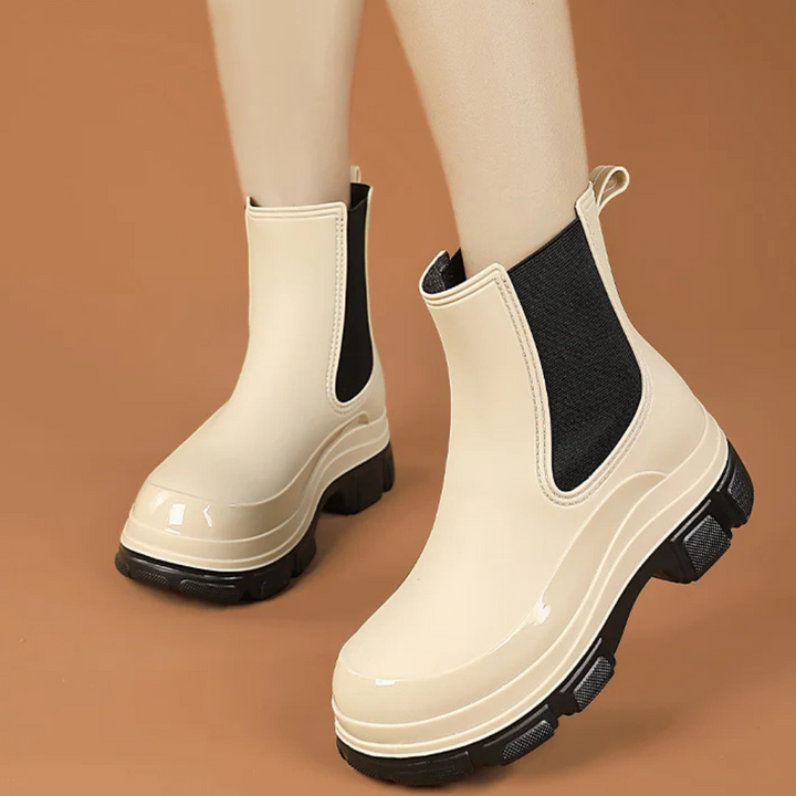 Regenstiefel für den Herbst - Wasserdichte Chelsea Gummistiefel mit Chunky Platform-Sohle für Damen