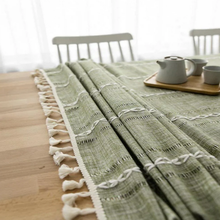 Elegante Baumwoll-Leinen-Tischdecke | Rustikale Tischdecke mit Stickerei und Quastensaum