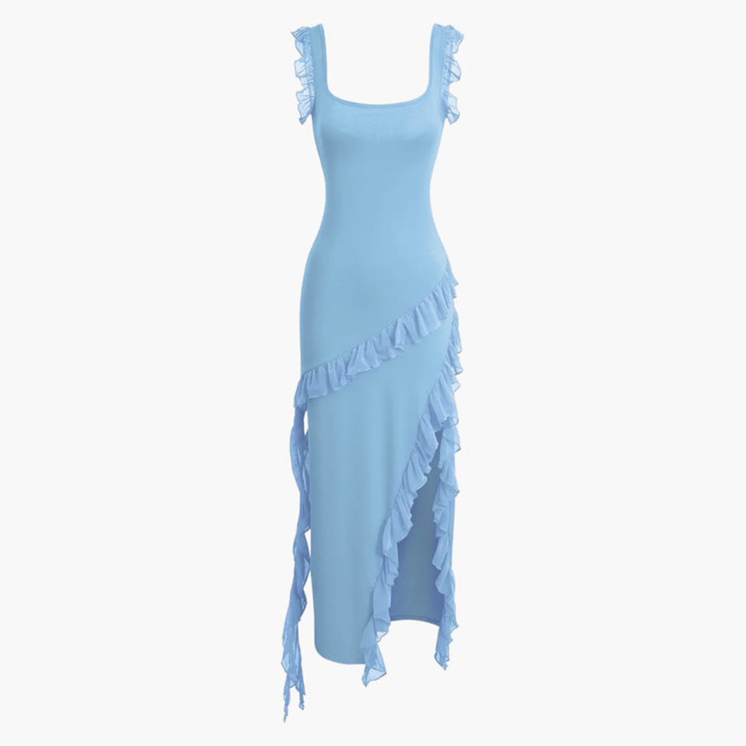 Blaues ärmelloses Kleid mit Rüschen, asymmetrischem Saum und figurbetontem Design. Elegantes Sommerkleid, ideal für festliche Anlässe.