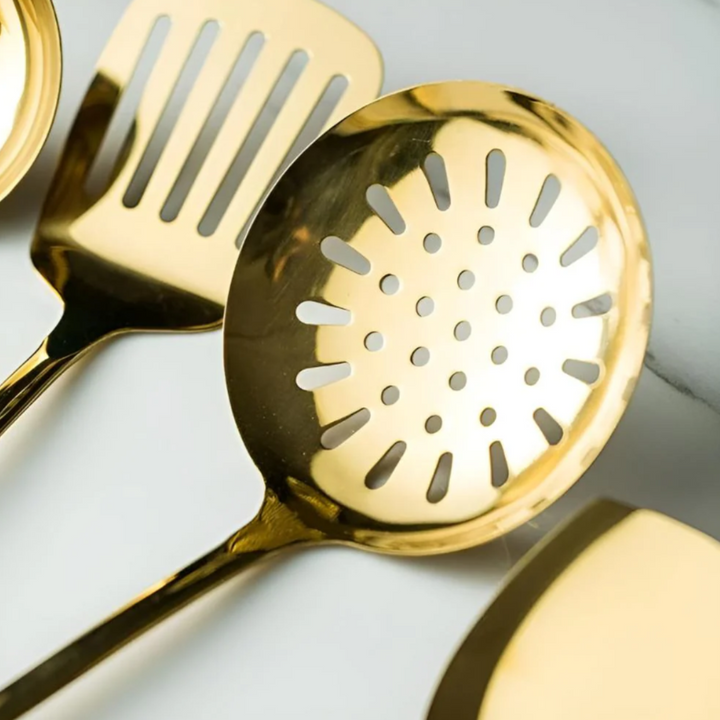 Golden Edelstahl Küchenutensilien-Set | Premium Kochbesteck mit Aufbewahrungsständer
