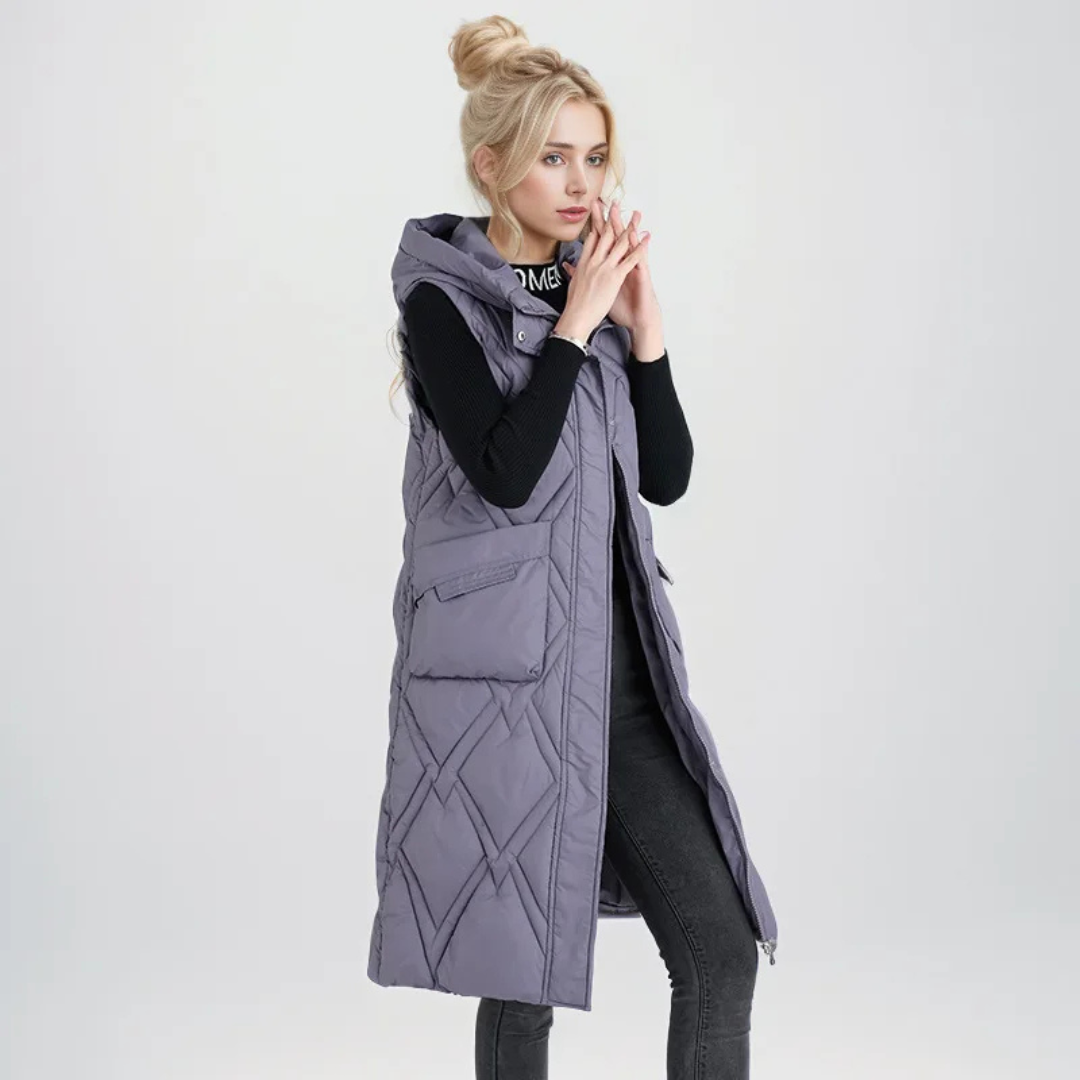 Lange Steppweste für kalte Tage - Puffer Daunenweste mit Kapuze für Damen