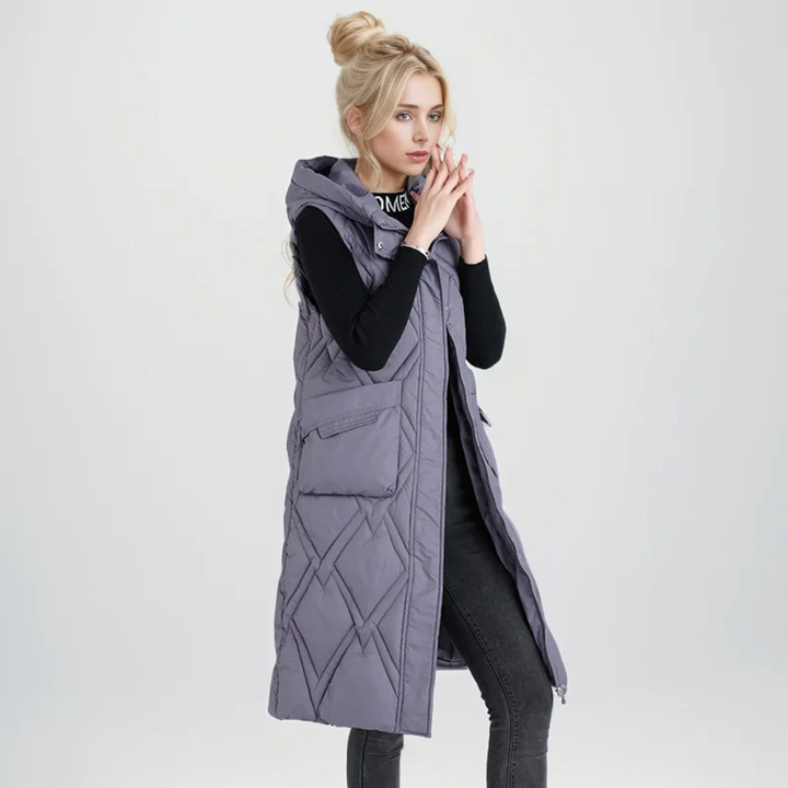 Lange Steppweste für kalte Tage - Puffer Daunenweste mit Kapuze für Damen