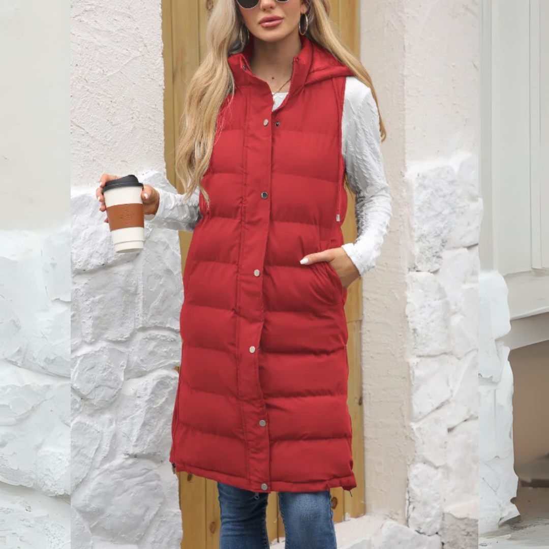 Lange Steppweste für kalte Tage - Warme Daunenweste mit Kapuze für Damen