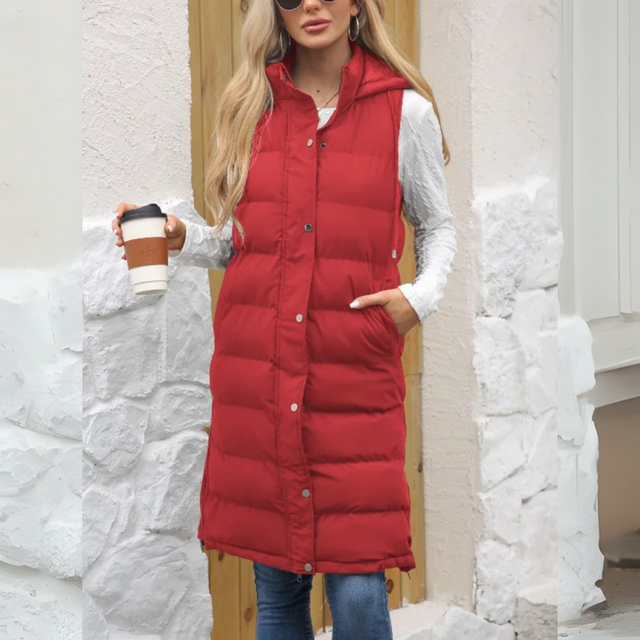 Lange Steppweste für kalte Tage - Warme Daunenweste mit Kapuze für Damen
