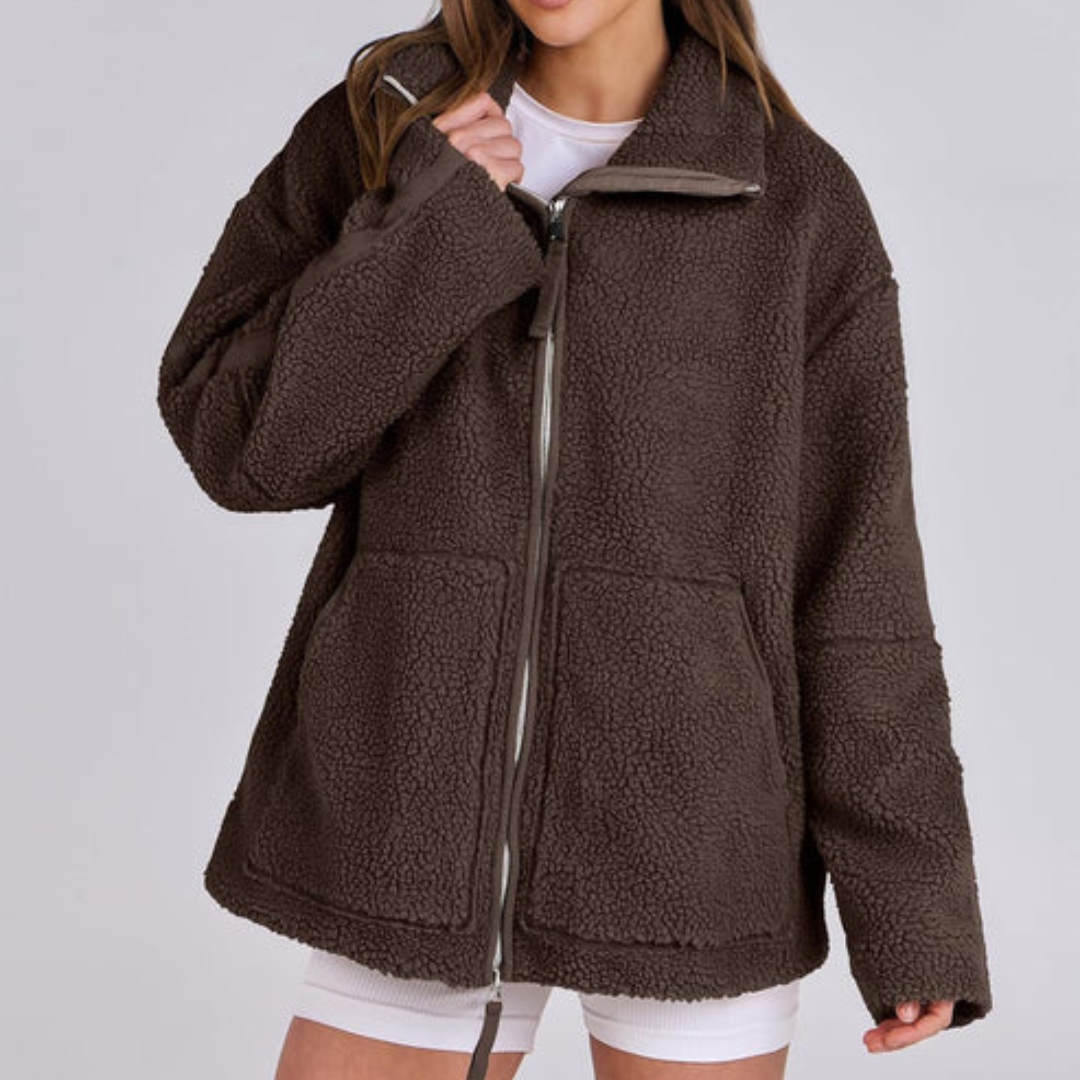 Teddyjacke für den Herbst - Oversized Fleecejacke mit Stehkrage für Damen