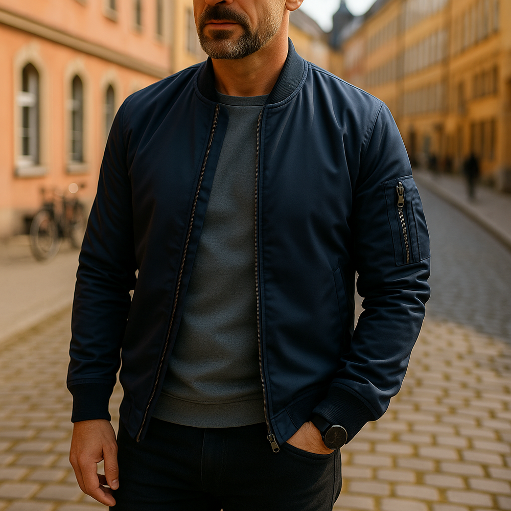 Mann in blauer Bomberjacke auf gepflasterter Straße, urbane Umgebung, modischer Stil, Herbstmode, lässiges Outfit, Stadtspaziergang.