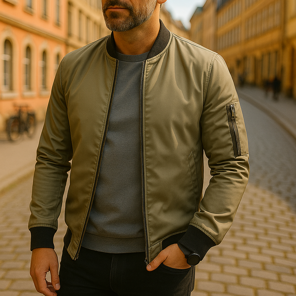 Mann in olivgrüner Bomberjacke auf gepflasterter Straße, urbane Mode, Herbstlook, stilvolle Herrenbekleidung, lässiger Stil, Stadtspaziergang.