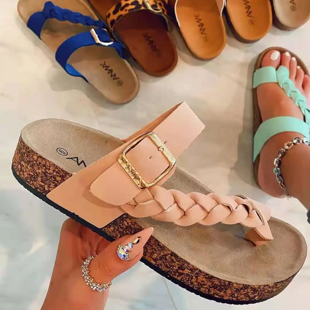 Damen-Sandalen mit geflochtenem Riemen und Korksohle, in verschiedenen Farben, modisch und bequem, ideal für Sommer und Freizeit.