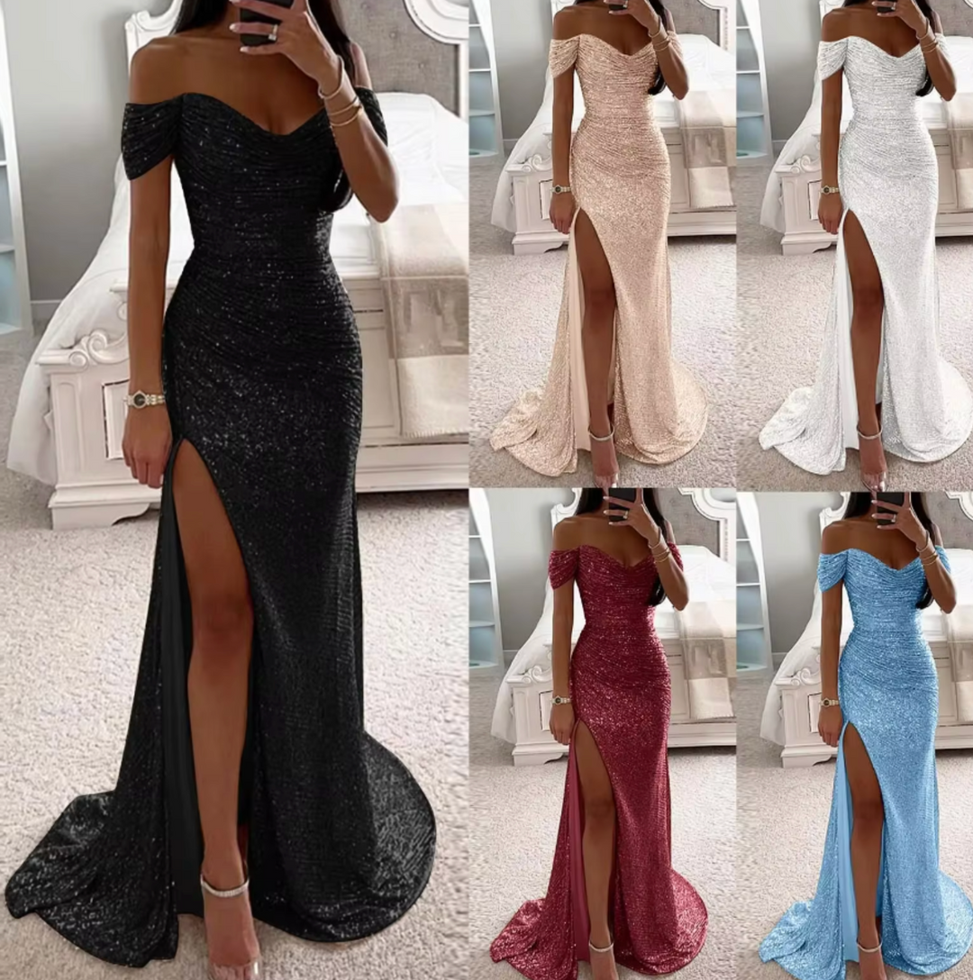 Sechs elegante Abendkleider mit Schlitz, schulterfrei, in Schwarz, Beige, Weiß, Rot, Blau. Perfekt für formelle Anlässe und Partys.