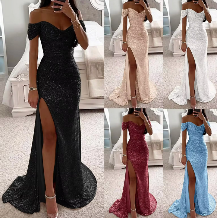Hilda Kleid | Atemberaubendes schulterfreies Maxikleid mit Pailletten und Falten