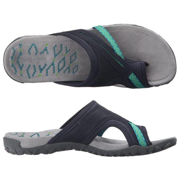 Damen-Sandalen in Schwarz mit grauer Sohle und türkisfarbenen Akzenten, ideal für Sommer und Freizeit. Bequeme, rutschfeste Outdoor-Schuhe.