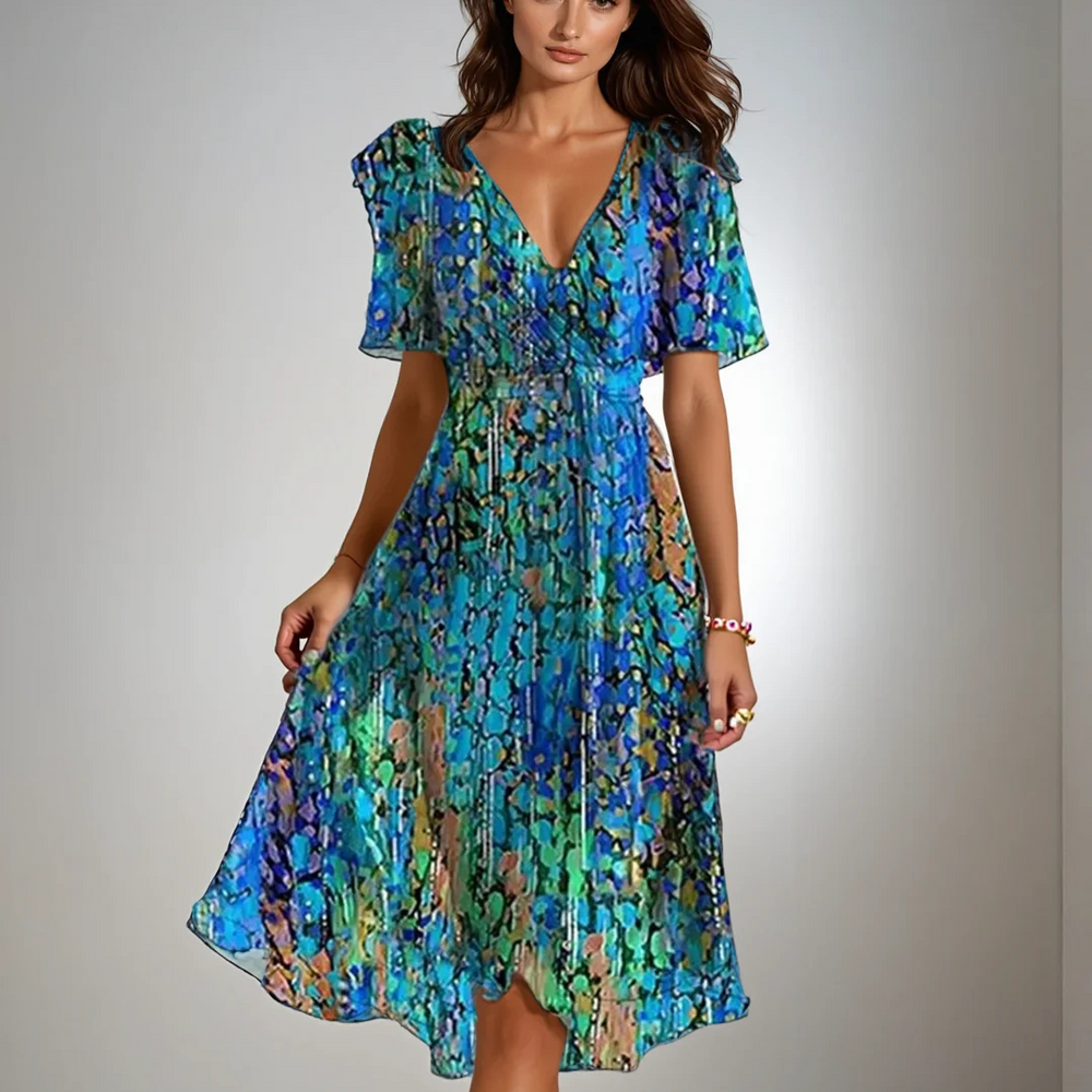 Frau in blauem, gemustertem Sommerkleid mit V-Ausschnitt und kurzen Ärmeln. Elegantes Design, ideal für Freizeitmode und Sommertrends.