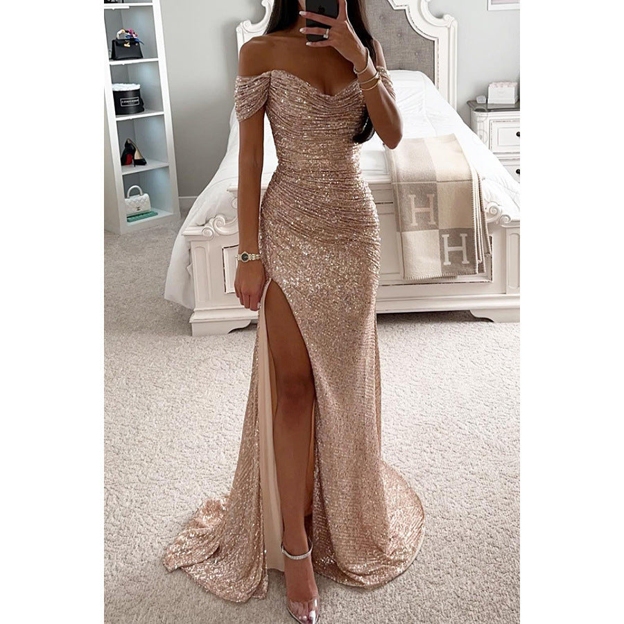 Hilda Kleid | Atemberaubendes schulterfreies Maxikleid mit Pailletten und Falten