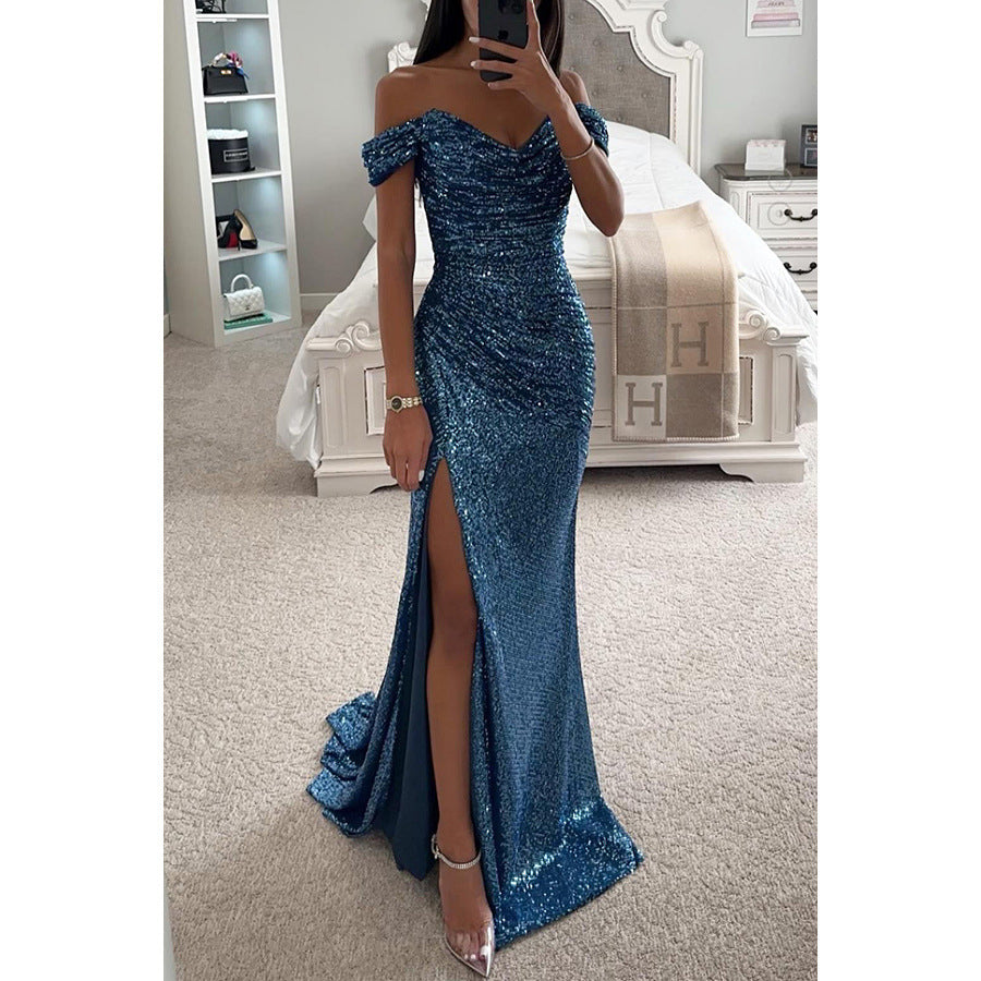 Hilda Kleid | Atemberaubendes schulterfreies Maxikleid mit Pailletten und Falten
