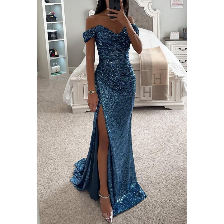 Hilda Kleid | Atemberaubendes schulterfreies Maxikleid mit Pailletten und Falten