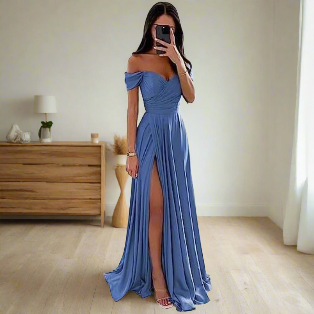 Renate Off-Shoulder Sommerkleid | Leichtes Carmen Maxikleid mit Schlitz für Frauen