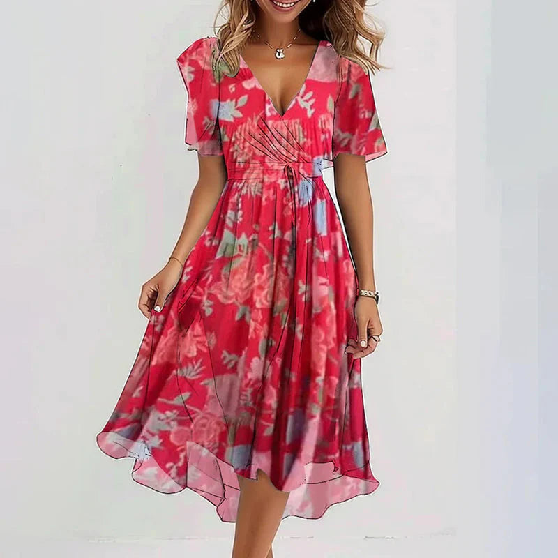 Frau in rotem, geblümtem Sommerkleid mit V-Ausschnitt und kurzen Ärmeln, lächelnd, vor weißem Hintergrund. Modetrend, Damenmode, Blumenkleid.