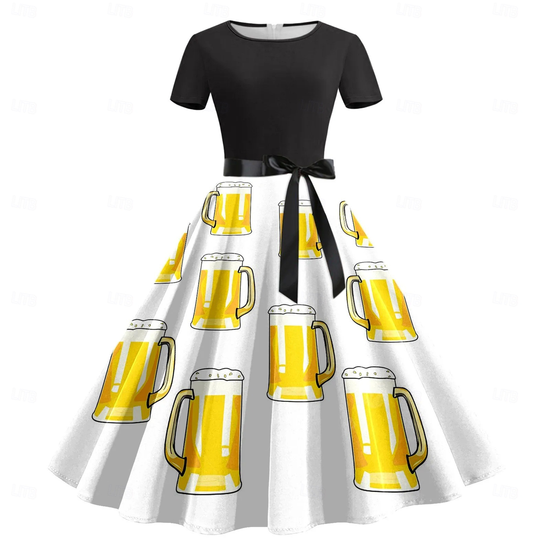 Klara Oktoberfest Kleid | Festliches Swing-Kleid mit Bierkrug-Print für Damen