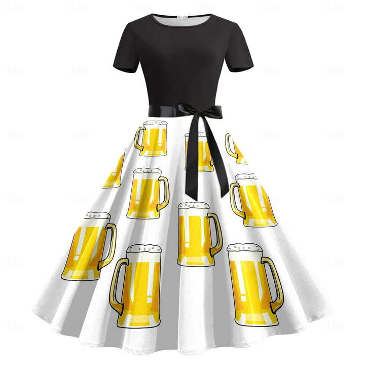 Klara Oktoberfest Kleid | Festliches Swing-Kleid mit Bierkrug-Print für Damen