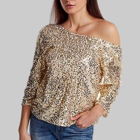 Glitzer Top für den Herbst - Elegante One-Shoulder Bluse mit Glitzernde Pailletten für Damen